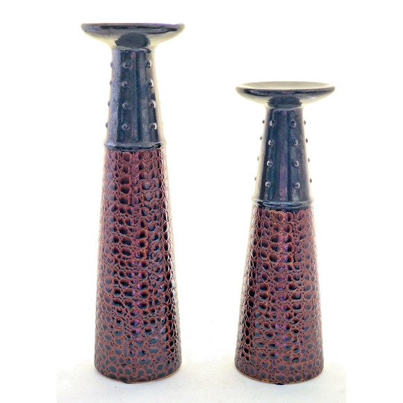 CANDLE HOLDERS-Pillar Candle-Ceramic-Alligator and Metal Look-12" & 10"-Set of 2 - Picture 1 of 11